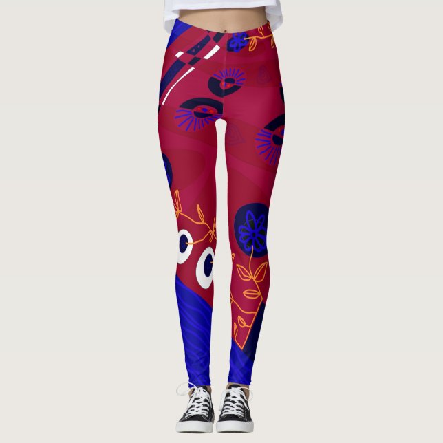 Leggings Ilustracion bohemio Chintz Naranja Azul Rojo (Anverso)