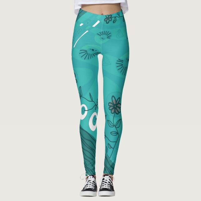 Leggings Ilustracion bohemio Chintz Verde azulado 2 (Anverso)