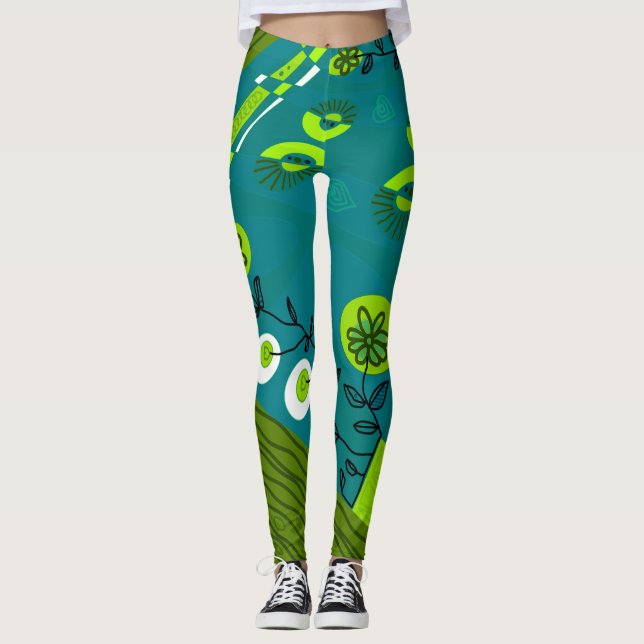 Leggings Ilustracion bohemio Chintz Verde azulado negro ver (Anverso)