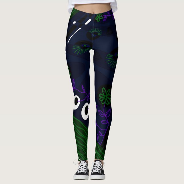 Leggings Ilustracion bohemio de la marina verde púrpura (Anverso)