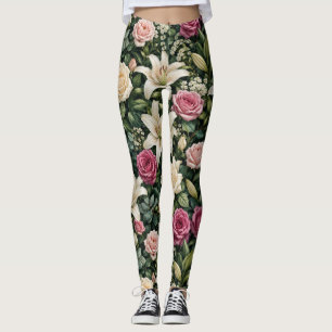 Leggings Ilustración botánica floral de magnolia exuberante