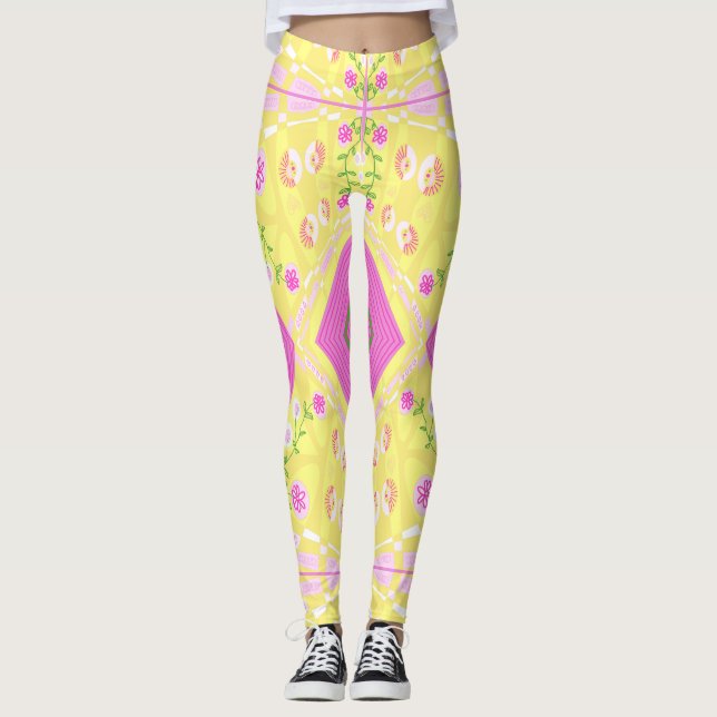 Leggings Ilustracion Chintz Bohemio Verde Rosa Amarillo (Anverso)