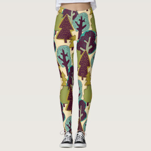 Leggings Ilustracion de Doodle Trees de Color Forestal