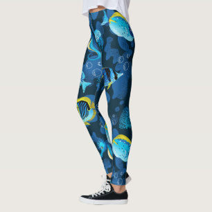 Leggings Ilustración de pez amarillo azul tropical