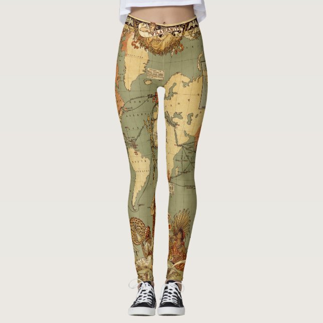 Leggings Ilustración del Mapa Mundial Antiguo de 1886 (Anverso)
