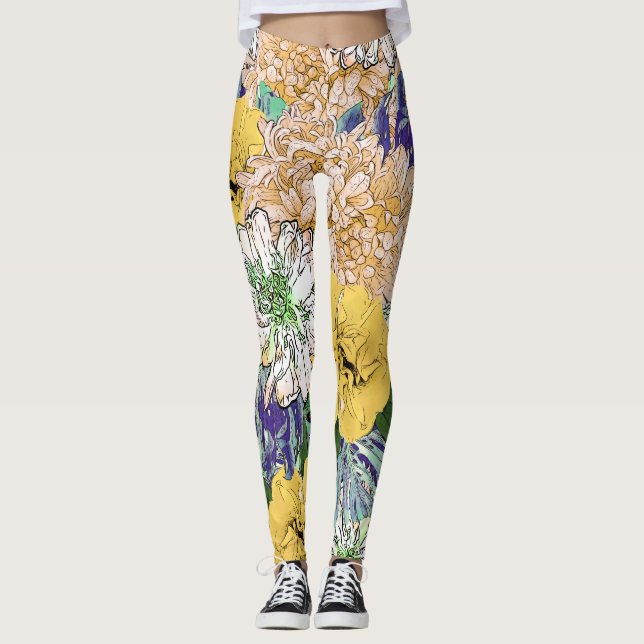 Leggings Ilustracion floral verde y amarillo de moda (Anverso)