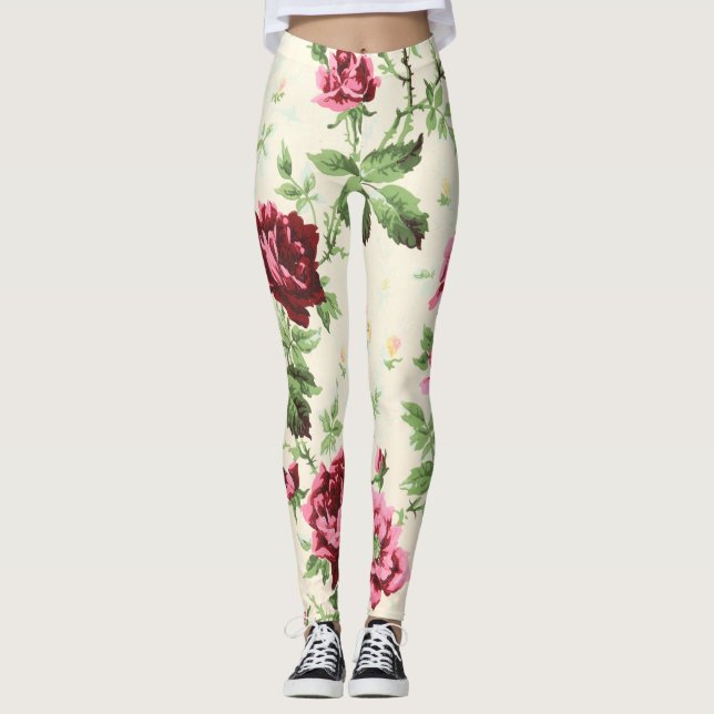 Leggings Ilustracion vintage de rosas sobre base neutra (Anverso)