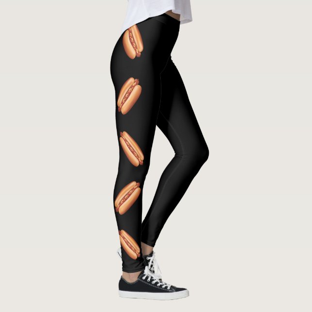 Leggings Ilustraciones de comida rápida de hot dog en negro (Derecha)