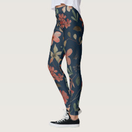 Leggings Impresión antigua de acuarela floral sobre azul ma