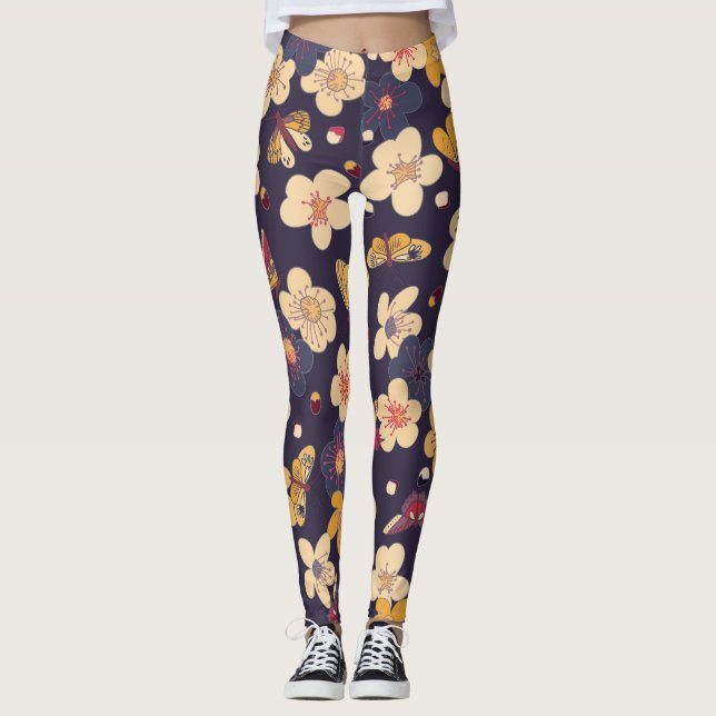 Leggings Impresión asiática sobre la mariposa de flores de  (Anverso)