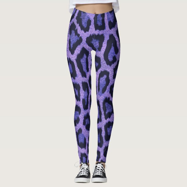 Leggings Impresión de animal morado azul de leopardo negro (Anverso)