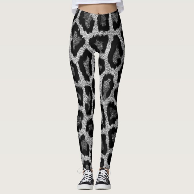 Leggings Impresión de animales de leopardo negro gris (Anverso)