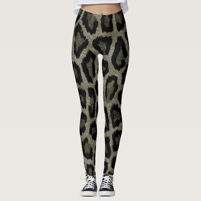 Leggings Impresión de animales de leopardo negro gris marró (Anverso)