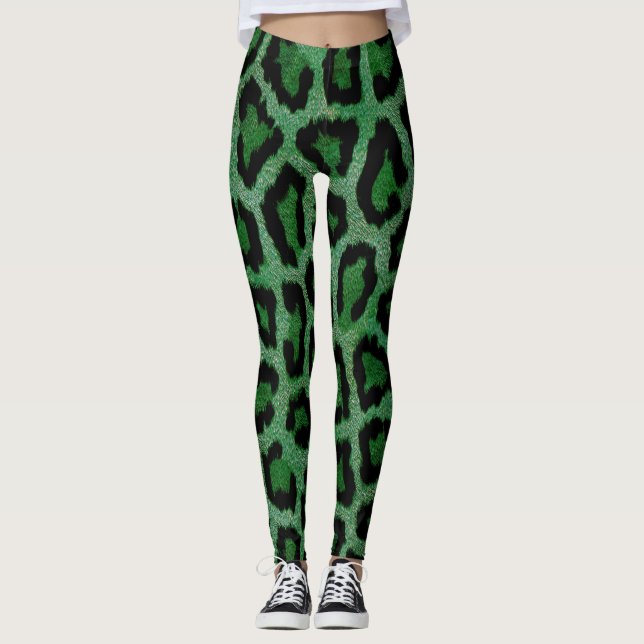 Leggings Impresión de animales de leopardo negro verde (Anverso)
