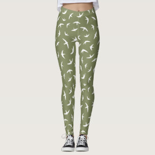 Leggings Impresión de aves blancas verdes en las golondrina