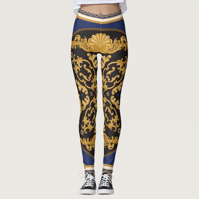 Leggings Impresión de Bandana: Oro azul negro. (Anverso)