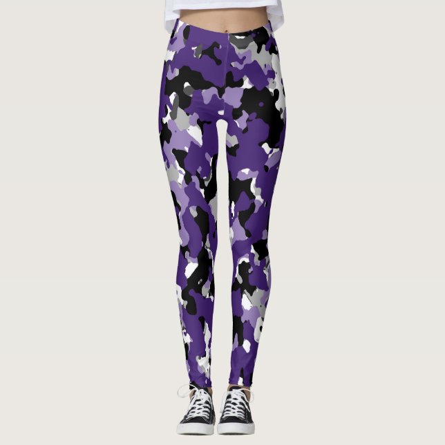 Leggings Impresión de camuflaje blanco negro gris morado (Anverso)