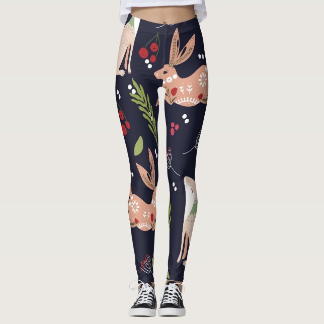 Leggings Impresión de conejito de arte folclórico escandina (Anverso)