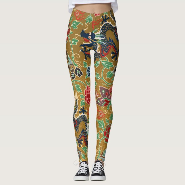 Leggings Impresión de dragón floral japonés antiguo (Anverso)