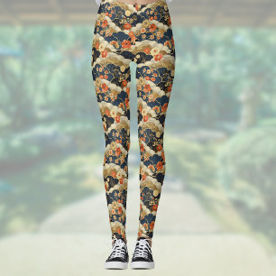 Leggings Impresión de flores Verde azuladas y nubes de esti