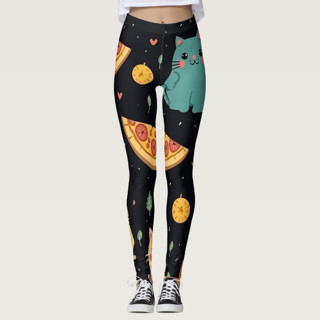 Leggings Impresión de gatos y pizza de piernas para mujeres (Anverso)
