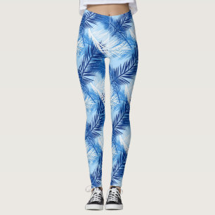 Leggings Impresión de hojas de palma, cobalto, blanco y azu