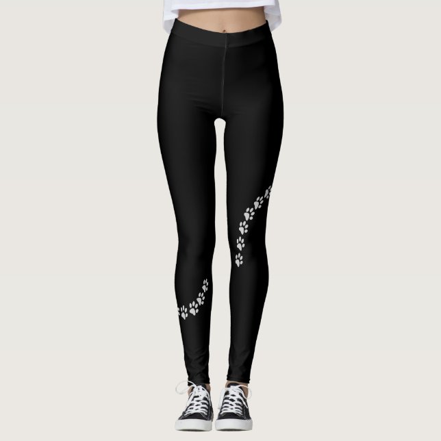 Leggings Impresión de hojas de perro plateadas en negro (Anverso)