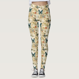 Leggings Impresión de jardín botánico de mariposa azul verd