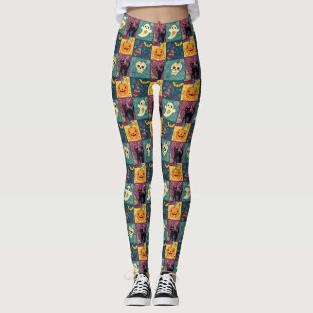 Leggings Impresión de parches de Halloween brillante (Anverso)