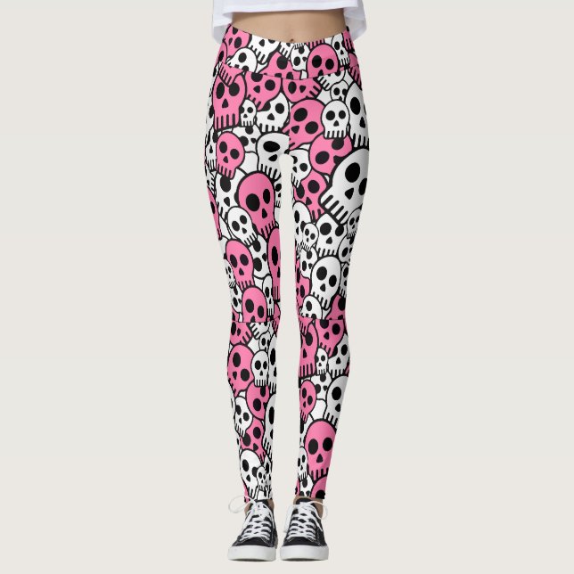 Leggings Impresión de patrón de cráneo gótico rosado (Anverso)