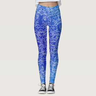 Leggings Impresión de patrón floral blanca en azul