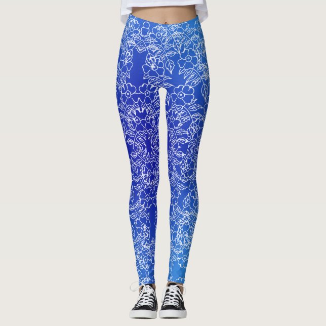 Leggings Impresión de patrón floral blanca en azul (Anverso)