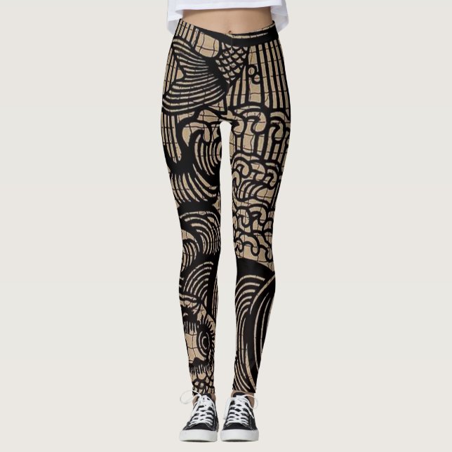 Leggings Impresión de pescado negro dorado (Anverso)