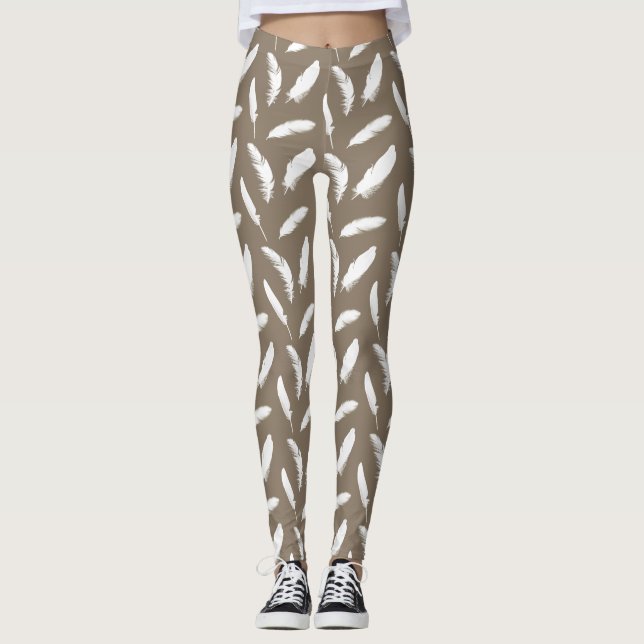 Leggings Impresión de plumas blancas sobre el bronceado (Anverso)