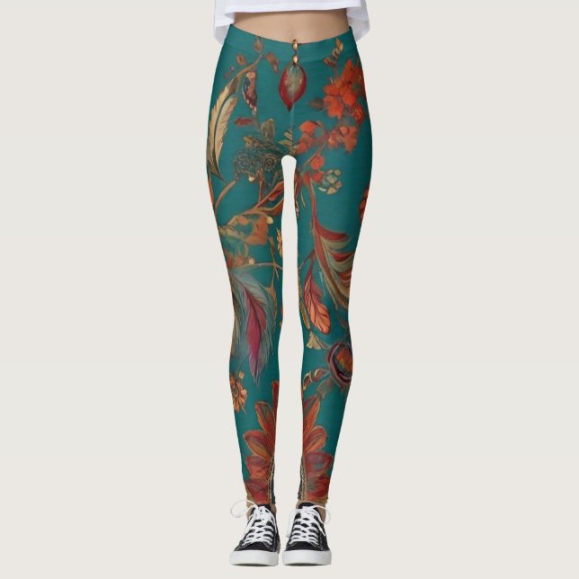 Leggings Impresión de plumas de esmeralda y rubí estilo boh (Anverso)