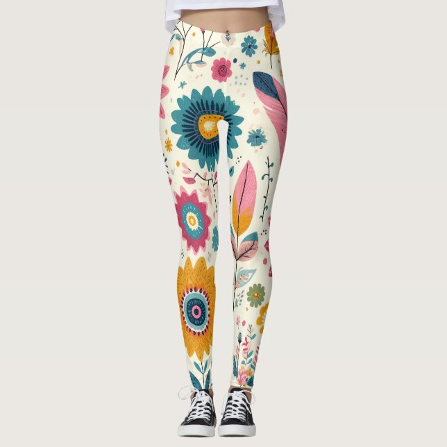 Leggings Impresión de plumas de flores bohemias (Anverso)