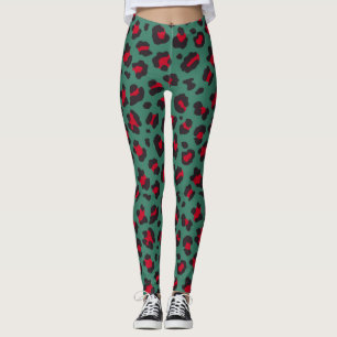 Leggings Impresión estilo Leopardo Rojo y Verde de los añ