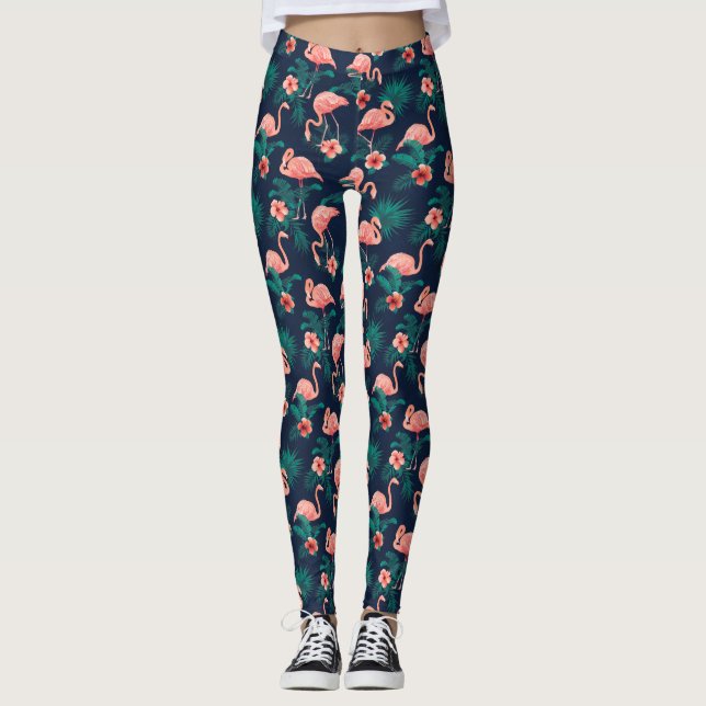 Leggings Impresión Flamingo, Flor Tropical Rosa Hibiscus (Anverso)