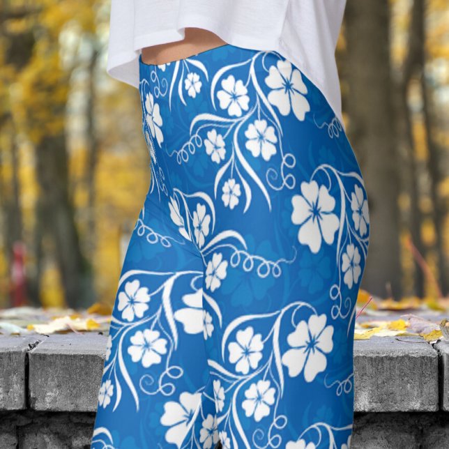 Leggings Impresión floral clásica blanca y azul (White Floral on Blue)