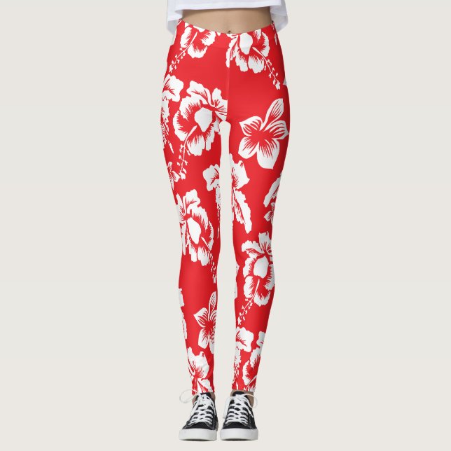 Leggings Impresión floral de Hibiscus rojo hawaiano (Anverso)