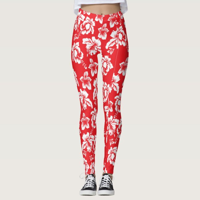 Leggings Impresión floral de Hibiscus rojo hawaiano (Anverso)