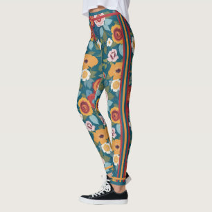 Leggings Impresión floral retro grande Verde azulada con ba