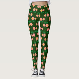 Leggings Impresión floral rosa y naranja sobre verde rico