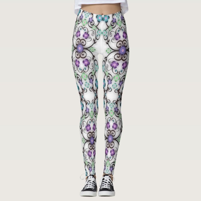 Leggings Impresionante aspecto de flores azul violeta con e (Anverso)