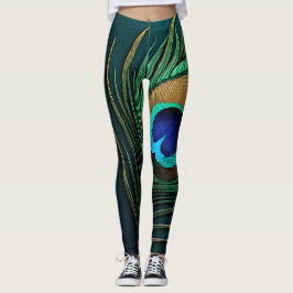 Leggings Impresionantes plumas de pavo real en verde azulad