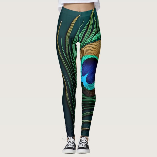 Leggings Impresionantes plumas de pavo real en verde azulad (Anverso)