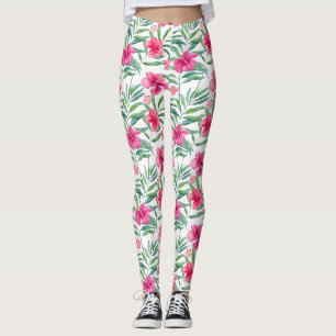 Leggings Inhibisco rosa con hojas de patrón tropical