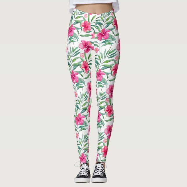 Leggings Inhibisco rosa con hojas de patrón tropical (Anverso)