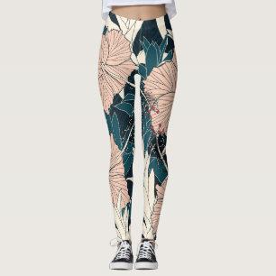 Leggings Inhibisco rosa tropical, fondo oscuro