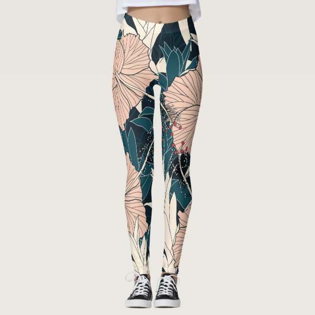 Leggings Inhibisco rosa tropical, fondo oscuro (Anverso)